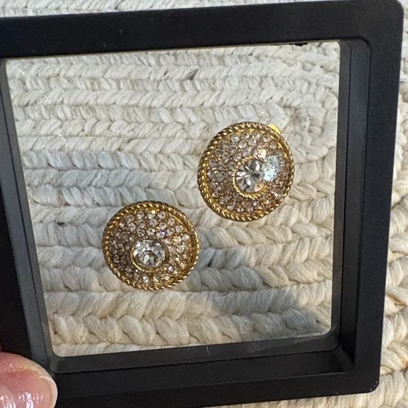 CHANEL Gold-Tone Pave Crystal Round Button Earrings - Picture 7 of 7